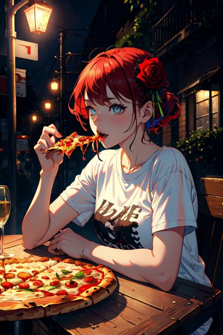 2497348-3079027011-masterpiece, best quality, absurdres, perfect anatomy, 1girl, solo, HairRose, red rose, multicolored hair, t-shirt, eating, tabl.png